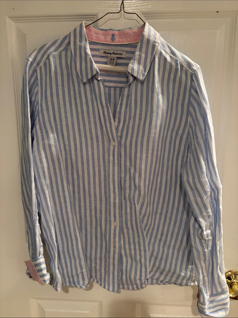 Tommy Bahama Light Blue and White Striped Linen Button-Down Shirt